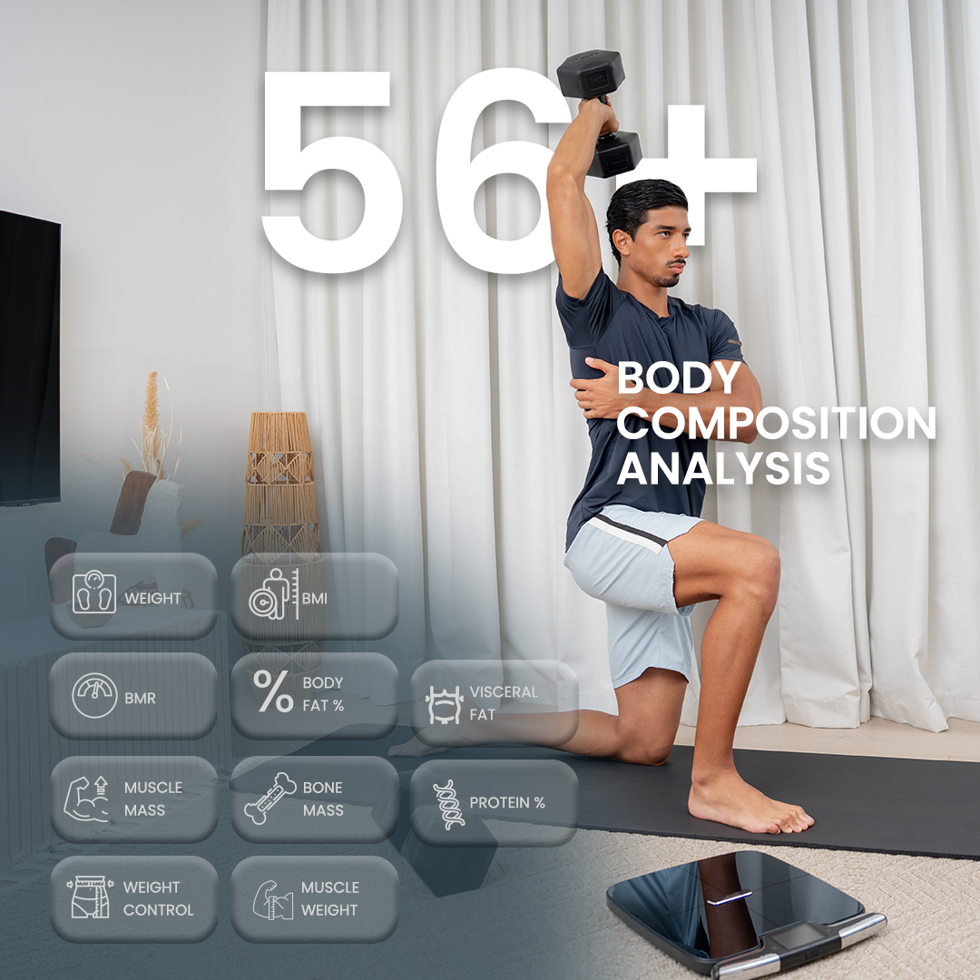 Person exercising with dumbbells in a home setting, with text about body composition analysis.